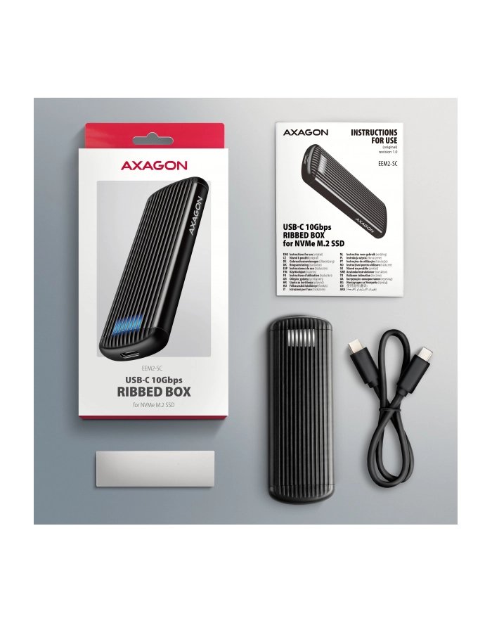 axagon EEM2-SC Obudowa zewnętrzna aluminiowa bezśrubowa USB-C 3.2 Gen 2 10Gbps - M.2 NVMe SSD, długość 30 do 80 mm szary główny