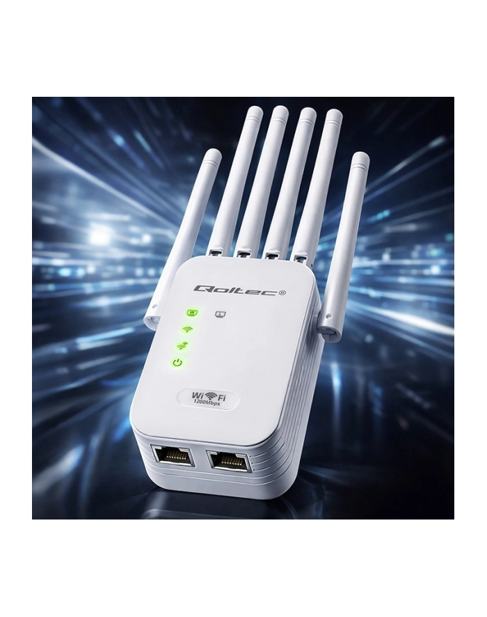 qoltec Wzmacniacz syganłu WiFi 6 | Repeater | Access Point | AX1200 Mb/s| 6 anten | 2xRJ45 | 128MB główny