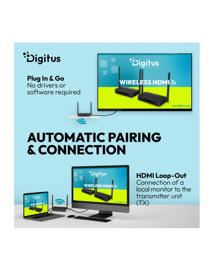 digitus Przedłużacz / Extender HDMI bezprzewodowy z KVM do 100m | UHD 4K@60Hz | Audio | Niskie opóźnienie 16ms (Zestaw) główny