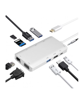 Helos Stacja dokująca USB 3.1 Type-C St./DP/HDMI/VGA/USB/LAN/Audio/SD, Premium Silver (HELOS4005938042654)