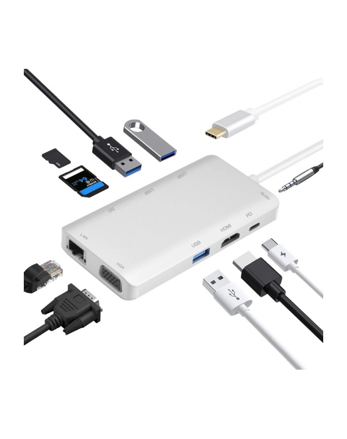 Helos Stacja dokująca USB 3.1 Type-C St./DP/HDMI/VGA/USB/LAN/Audio/SD, Premium Silver (HELOS4005938042654) główny