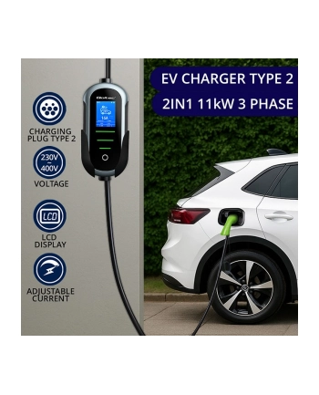 qoltec Ładowarka do samochodu elektrycznego EV i hybryd | 11kW | 400V | CEE 16A | Wi-Fi | LCD | 5m nr 2
