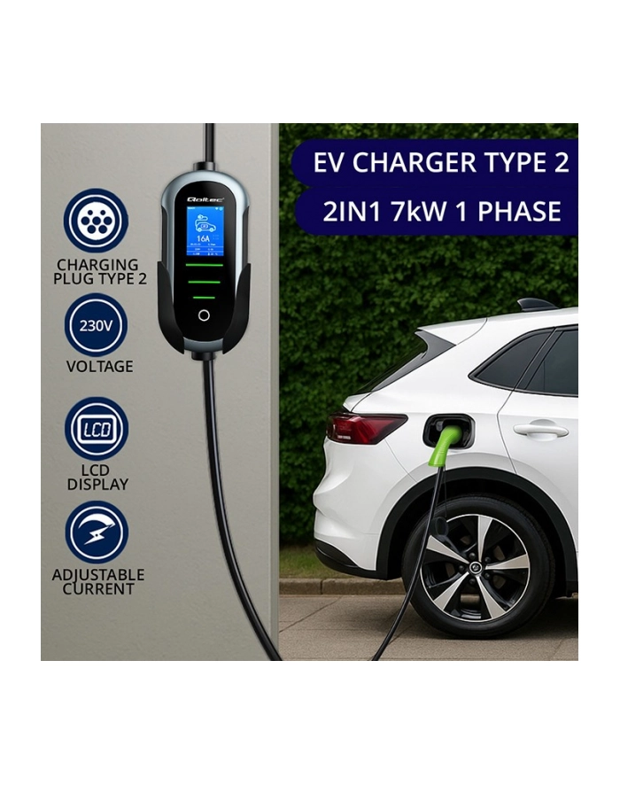 qoltec Ładowarka do samochodu elektrycznego EV i hybryd | 7kW | 230V |  CEE 32A | Wi-Fi | TUYA | LCD | 5m główny