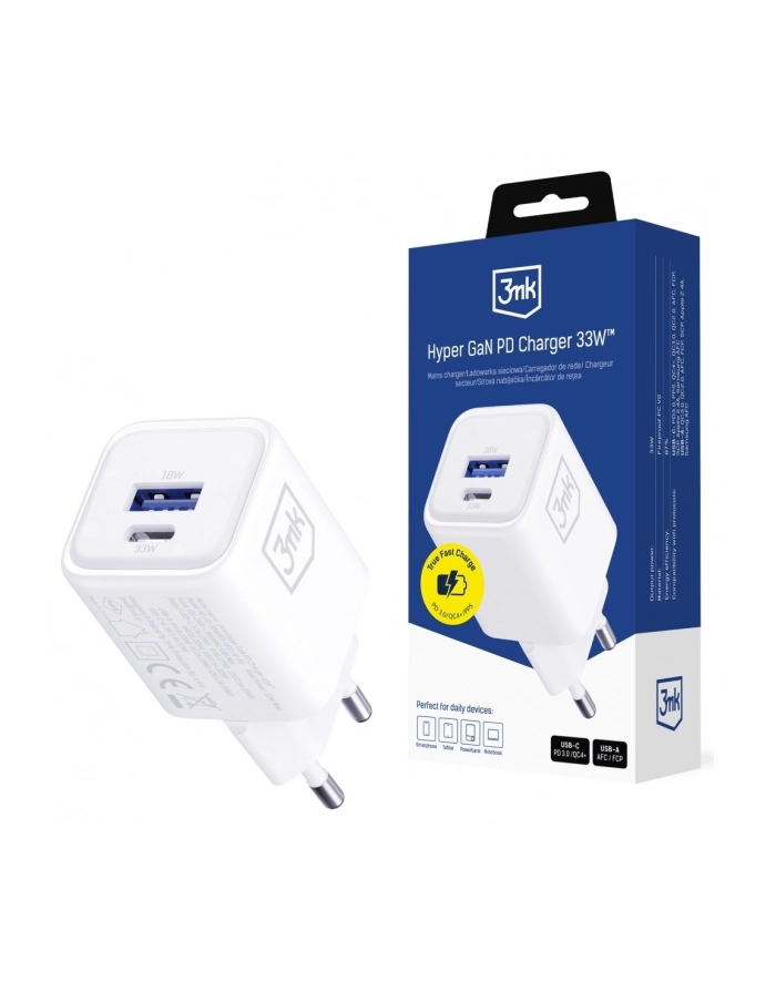 3mk Ładowarka sieciowa Hyper Charger PD 33W GaN QC4+ PPS AFC FCP SCP USB-A USB-C biała główny