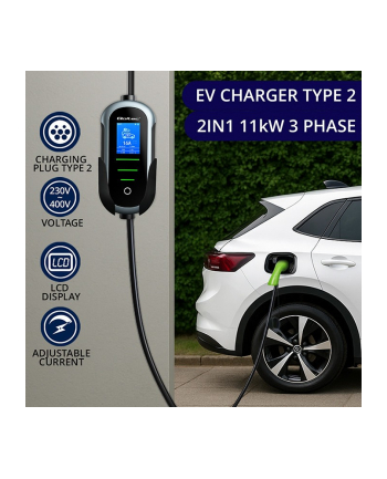 qoltec Ładowarka do samochodu elektrycznego EV i hybryd | 11kW | 400V | CEE 16A | Wi-Fi | LCD | 5m