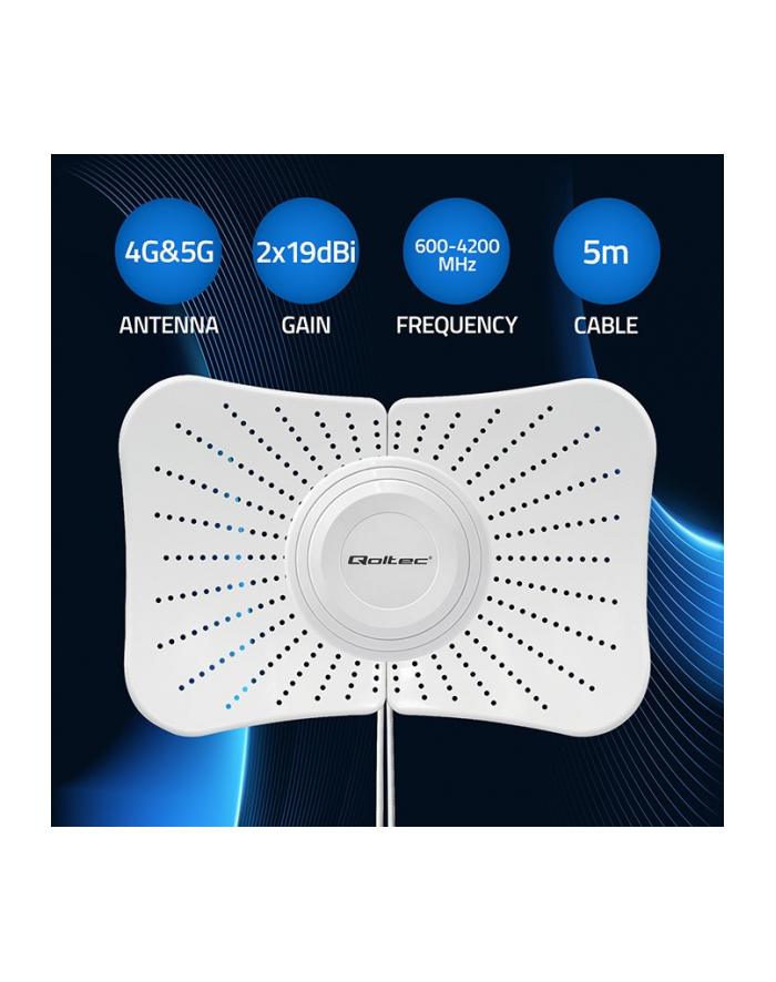 qoltec Antena paraboliczna 4G 5G LTE | 2x19dBi | kierunkowa | zewnętrzna| 1710-2700 MHz | 3300-4200 MHz | N Female | wodoodporna | 5m główny