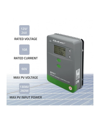 qoltec Solarny regulator ładowania MPPT z czujnikiem temperatury 10A |  12V/24V | LCD | 2xUSB | GEL | LiFePO4 nr 1