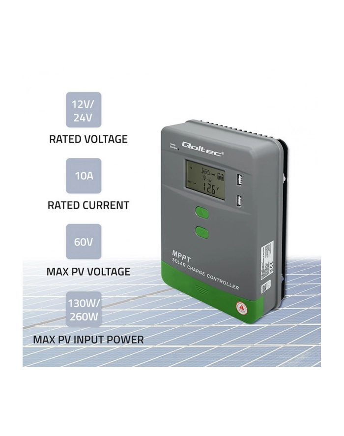 qoltec Solarny regulator ładowania MPPT z czujnikiem temperatury 10A |  12V/24V | LCD | 2xUSB | GEL | LiFePO4 główny