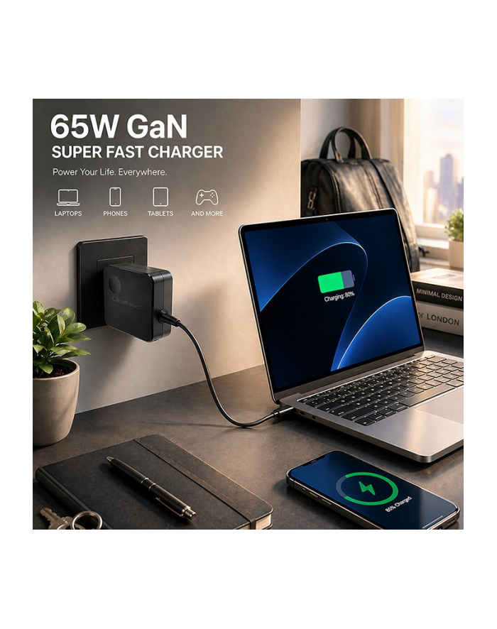 qoltec Ładowarka sieciowa GaN 65W | USB-C PD PPS | 5-21V | 3-3.25A główny