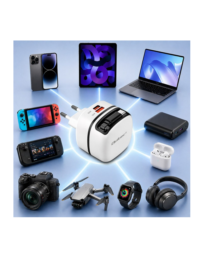 qoltec Ładowarka sieciowa GaN 65W | USB-C PD PPS | 5-20V | 3-3.25A |    wysuwany kabel główny