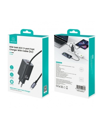 usams Ładowarka sieciowa JC Series CC266 65W GaN Fast Charger wbudowanykabel USB-C czarny