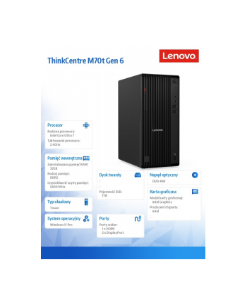 lenovo Komputer ThinkCentre M70t G6 TOWER 12YH0020PB W11Pro Ultra7 265/2X16GB/512GB/INT/DVD/vPro/3YRS OS + 1YR PREMIER TC