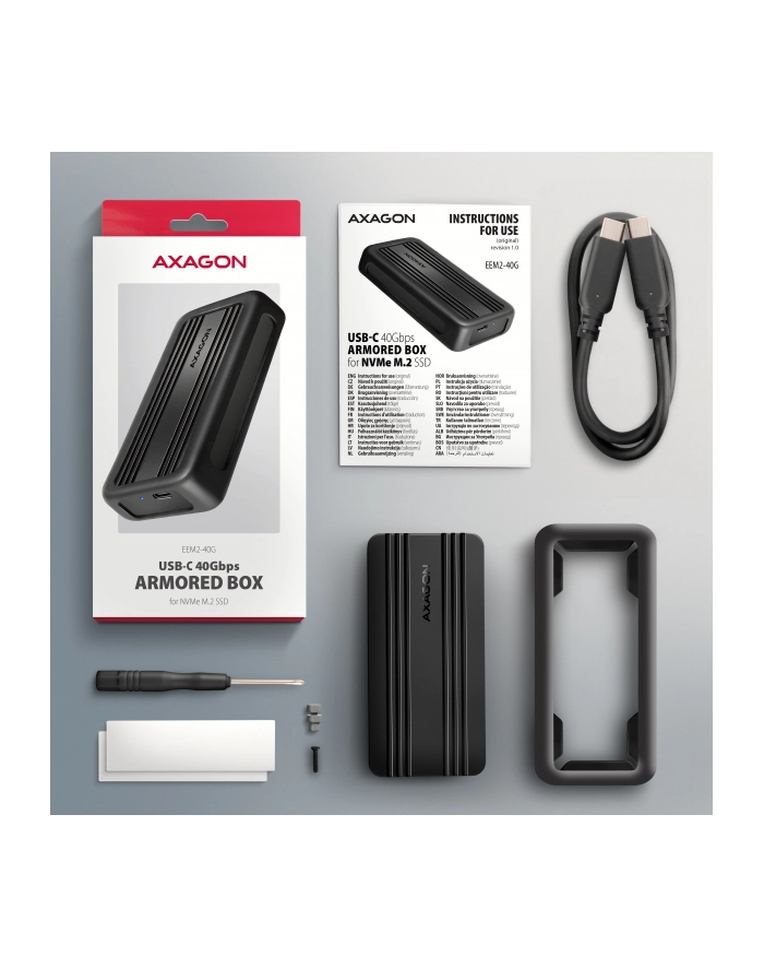 axagon Obudowa zewnętrzna aluminiowa EEM2-40G USB4 Gen 3x2 M.2 SSD NVMe 40Gbps passive, USB-C cable, silicon sleeve główny