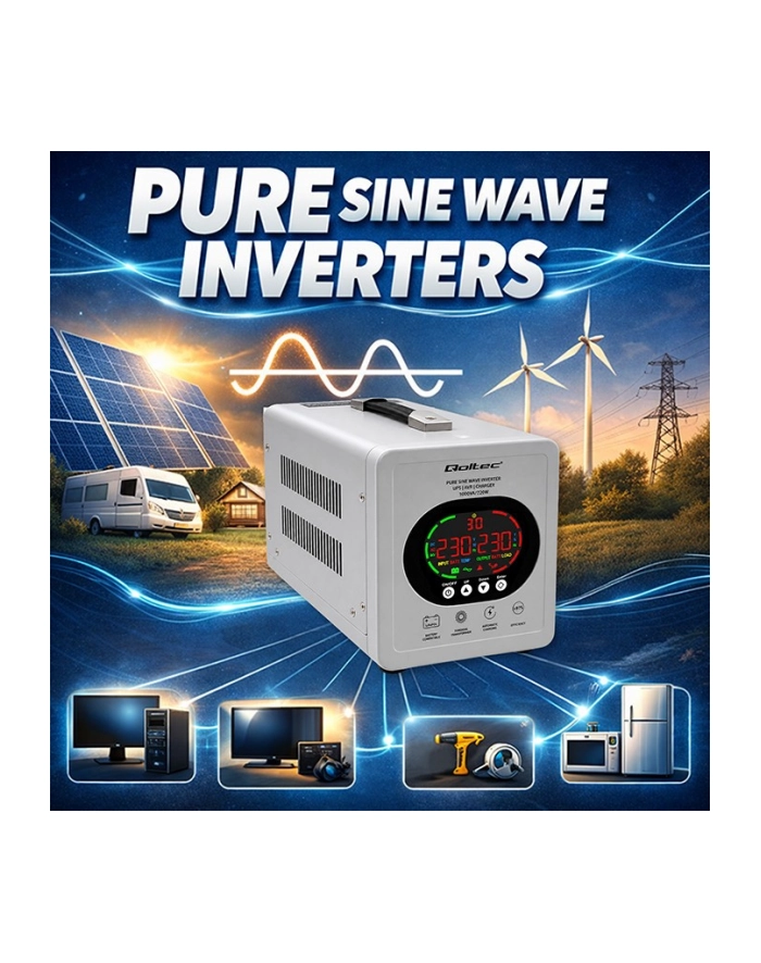 qoltec Zasilacz awaryjny UPS Pure Sine Wave | 1000VA/720W | Przetwornica12/230V z AVR | LCD | LiFePO4 AGM GEL główny