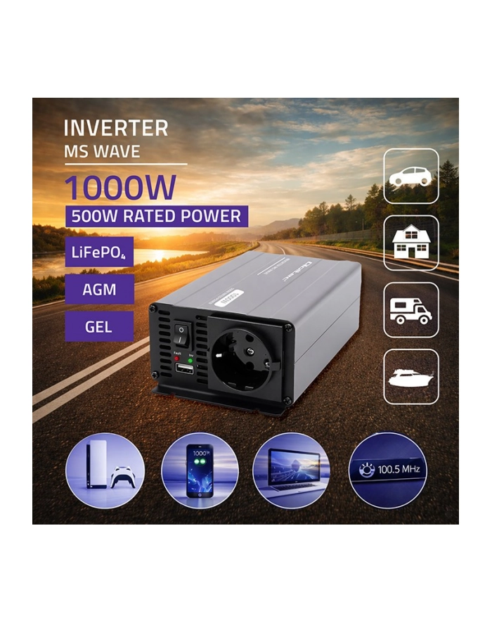 qoltec Przetwornica napięcia MS Wave | 12V na 230V | 500/1000W główny