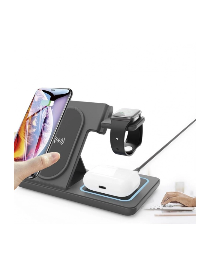 GEMBIRD Bezprzewodowa ładowarka / stacja ładowania 3w1 składana do Iphone + Apple Watch + Airpods kolor czarny główny