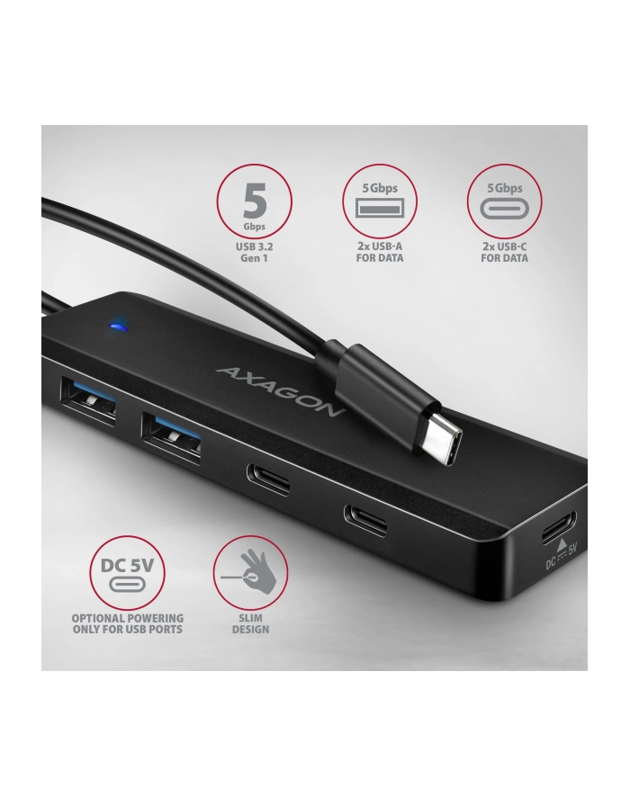 axagon HUB 4-portowy 5gbps 2x USB-A 2x USB-C , USB-C power IN 19cm kabel HUE-C2C główny