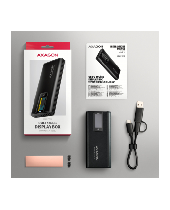 axagon EEM2-SD2B Obudowa zewnętrzna aluminiowa bezśrubowa USB-A/C 3.2 Gen2 M.2 NVMe/SATA wyświetlacz LED, czarny nr 1