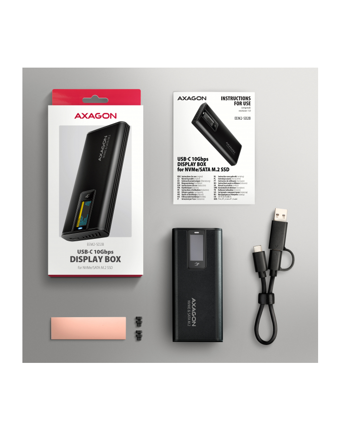 axagon EEM2-SD2B Obudowa zewnętrzna aluminiowa bezśrubowa USB-A/C 3.2 Gen2 M.2 NVMe/SATA wyświetlacz LED, czarny główny