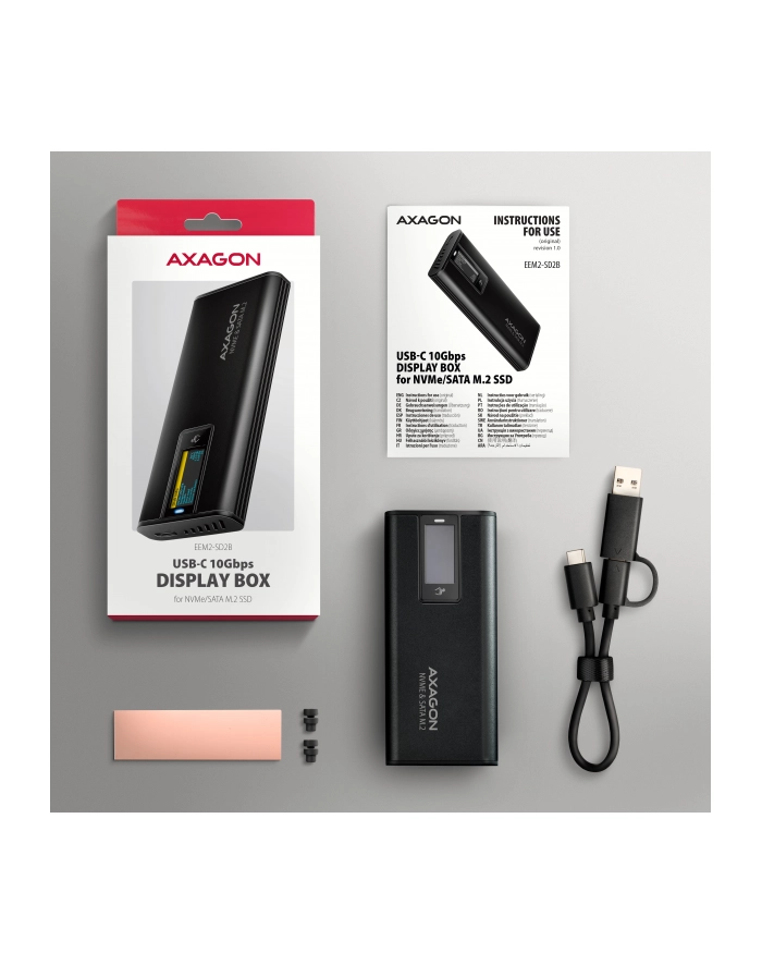 axagon EEM2-SD2B Obudowa zewnętrzna aluminiowa bezśrubowa USB-A/C 3.2 Gen2 M.2 NVMe/SATA wyświetlacz LED, czarny główny