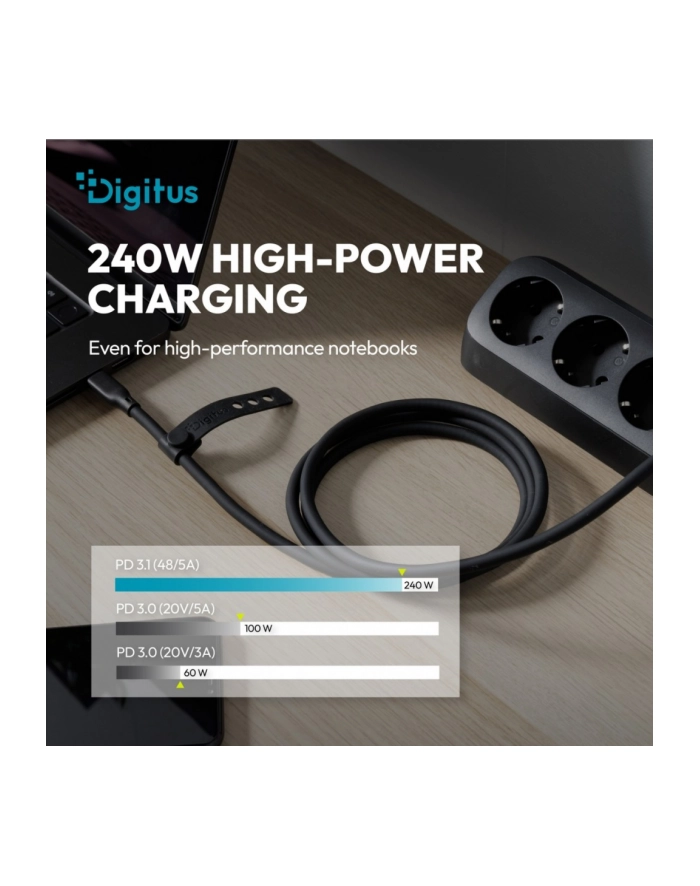 digitus Kabel połączeniowy silikonowy USB-C-USB-C | USB 4 ver.2.0 80Gbps | 8K@60Hz | PD 3.1 240W| 0,5m | czarny główny
