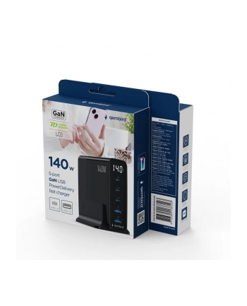 gembird Ładowarka uniwersalna GaN 140W LCD 3xUSB-C 2xUSB-A czarna nr 1