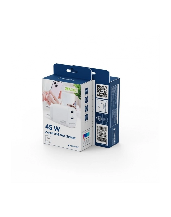 gembird Ładowarka uniwersalna 2xUSB-C PD 45W biała główny