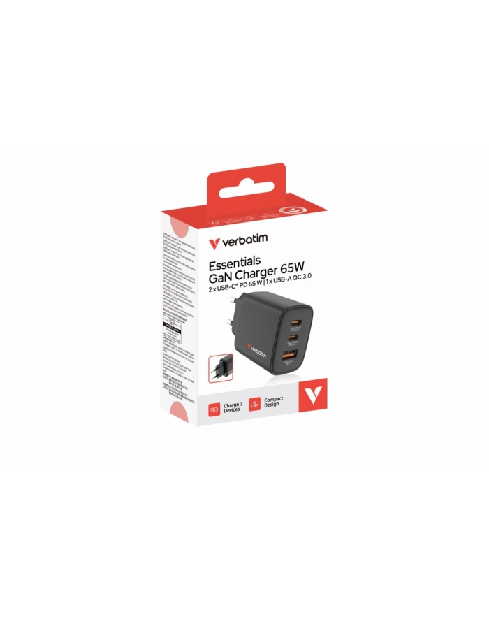 verbatim Ładowarka GaN 65W QC 3.0, 2x USB-C, 1x USB PD 3.0 EU główny