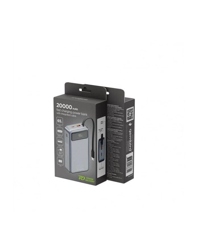 gembird PowerBank 20000mAh zintegrowane kable QC3.0 18W PD 65W LCD czarny główny
