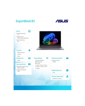 asus Laptop ExpertBook P3 PM3406CKA-LY0291W Ryzen 5 AI 330/16GB/512GB/14'WUXGA/Win 11 PRO/3YRS nr 1