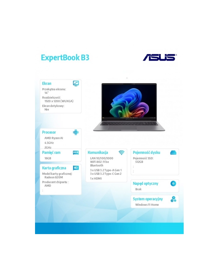 asus Laptop ExpertBook P3 PM3406CKA-LY0291W Ryzen 5 AI 330/16GB/512GB/14'WUXGA/Win 11 PRO/3YRS główny