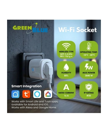 greenblue Zdalnie sterowane gniazdko Wi-fi Tuya GB735 W