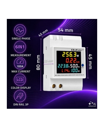 qoltec Jednofazowy miernik zużycia energii na szynę DIN | 230V | 100A | 3P nr 2