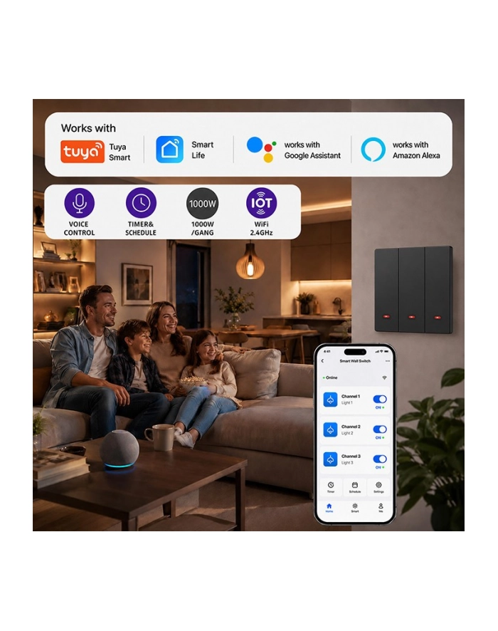 qoltec Inteligentny 3-kanałowy włącznik wyłącznik światła | Wi-Fi | Timer główny