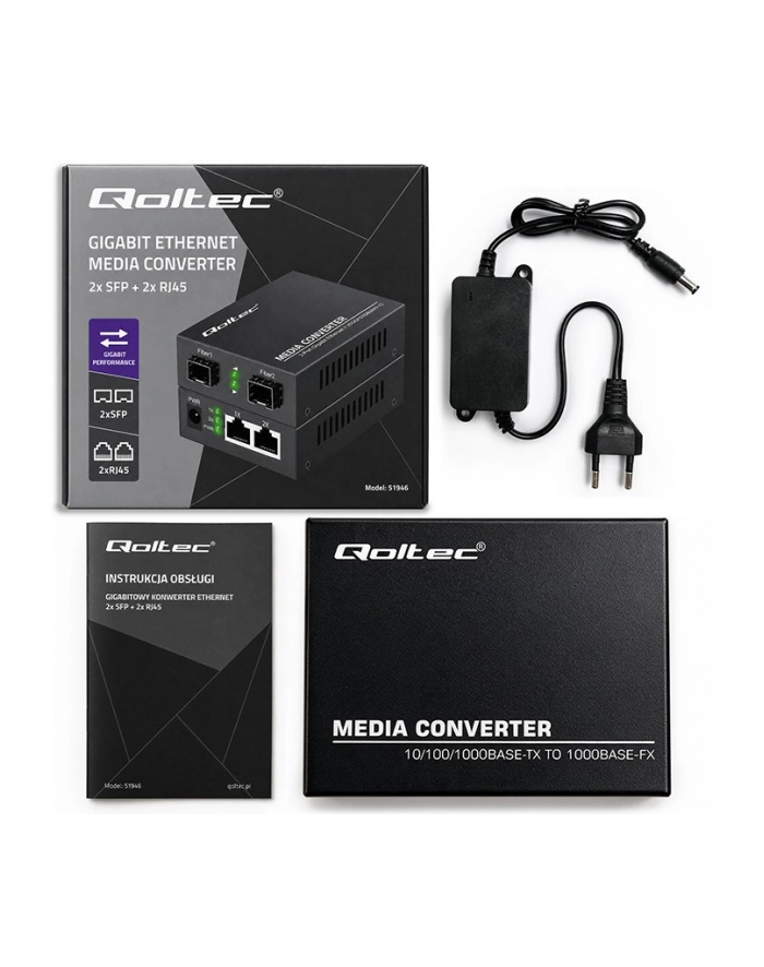 qoltec Dwukierunkowy media konwerter SWITCH Ethernet 2xRJ45 2xSFP |     1000Mb/s | 5V główny