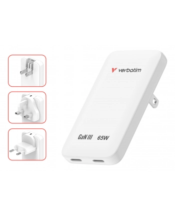 verbatim Ładowarka Slim Essentials GaN 65W 2x USB-C US/UK/UE biała nr 2