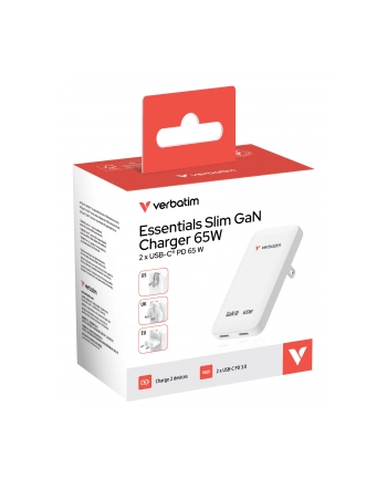 verbatim Ładowarka Slim Essentials GaN 65W 2x USB-C US/UK/UE biała nr 1