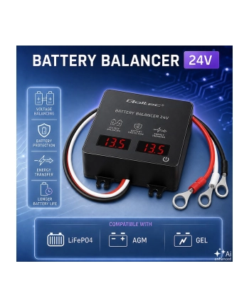 qoltec Balanser napięcia 24V do akumulatorów 2x12V | 5A | AGM GEL LiFePO4 | LED nr 1