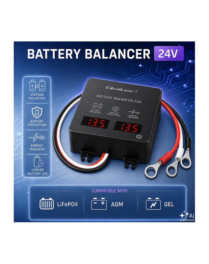 qoltec Balanser napięcia 24V do akumulatorów 2x12V | 5A | AGM GEL LiFePO4 | LED główny