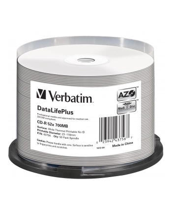 VERBATIM CD-R(50-pack) spindl, AZO 52X,700MB,WHITE WIDE THERMAL PRINTABLE SURFACE NON-ID nr 1
