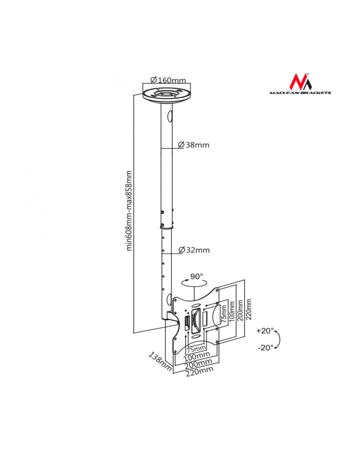 Uchwyt do TV sufitowy 10-30'''' 50 - 85 cm 30kg Maclean MC-504A B max vesa 200 czarny główny
