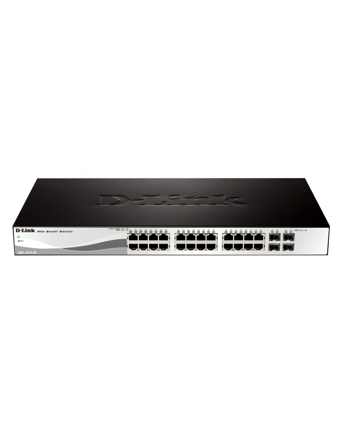 D-LINK DGS-1210-28, Gigabit Smart Switch with 24 10/100/1000Base-T ports and 4 Gigabit MiniGBIC (SFP) ports, 802.3x Flow Control, 802.3ad Link Aggregation, 802.1Q VLAN, 802.1p Priority Queues, Port mirroring, Jumbo Frame support, 802.1D STP, ACL, LLD główny