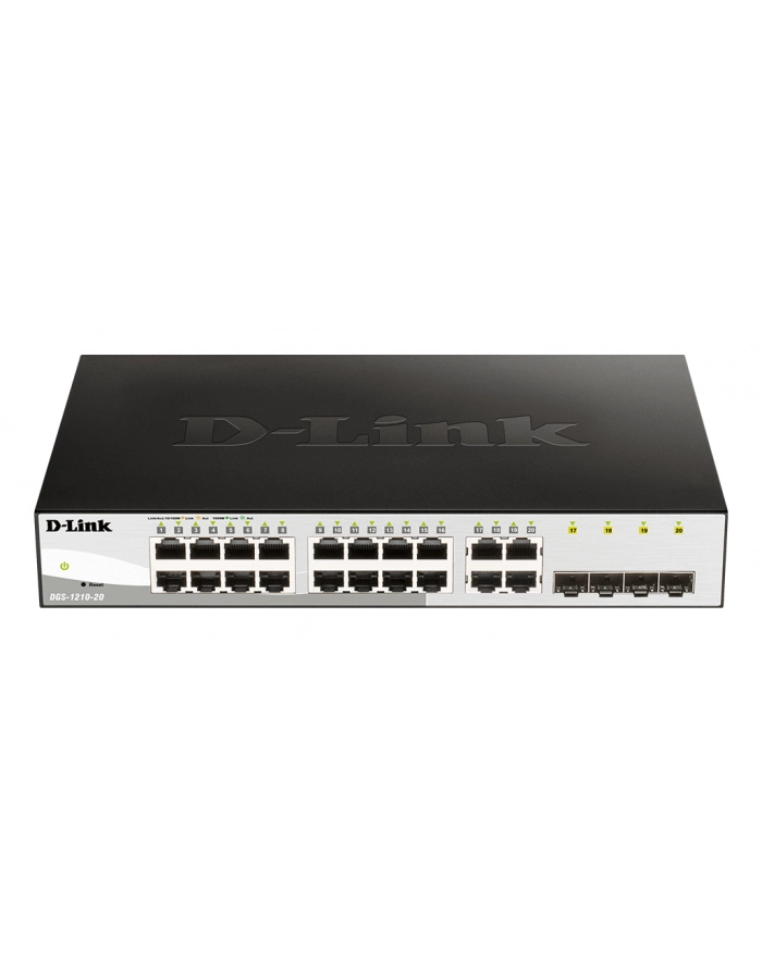 D-LINK DGS-1210-20, Gigabit Smart Switch with 16 10/100/1000Base-T ports and 4 Gigabit MiniGBIC (SFP) ports, 802.3x Flow Control, 802.3ad Link Aggregation, 802.1Q VLAN, 802.1p Priority Queues, Port mirroring,, Jumbo Frame support, 802.1D STP, ACL, LL główny