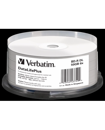 VERBATIM BD-R(25-pack)Blu-Ray/spindle/DL+/6x/50GB/ WIDE PRINTABLE NO ID SURFACE HARD COAT nr 1