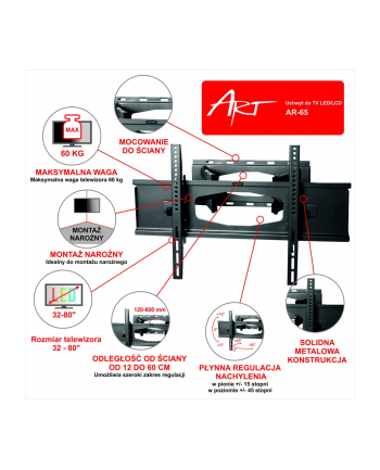 ART UCHWYT AR-65 DO TV LCD/LED/PLAZMA 32-60'' 45KG pionowo/poziom