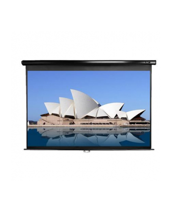 Elite Screens M106UWH Manual Pull Down Screen 106'' 16:9/ Diagonal 269.2cm, W 234.7cm x H 132.1cm / Black case / Dual wall & ceiling instalation design/ 4-side black masking border (Top: 15cm) / 160 Degrees wide viewing angle / Auto locking