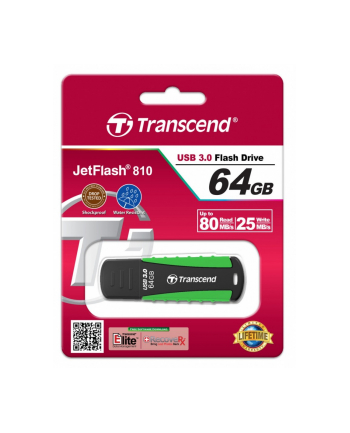 TRANSCEND USB Flash Disk JetFlash®810, 64GB, USB 3.0, Black/Green (wodoodporny, odporny na wstrząsy)