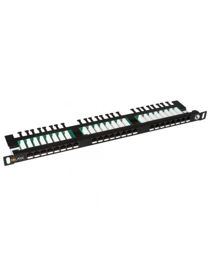 Solarix 19'' patch panel UTP CAT5E 24xRJ45 vyvaz.lištou czarny z 0,5 U główny