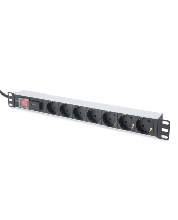 Listwa zasilająca PDU 19', 1U, 7 gniazd, moc: 16A, 4000W, aluminiowa, włącznik, zabezp. przeciwprzepięciowe, 2m