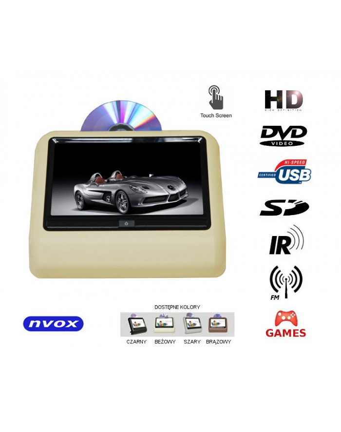 NVOX Monitor dotykowy zagłówkowy LED 9 cali HD DVD USB SD IR GRY główny